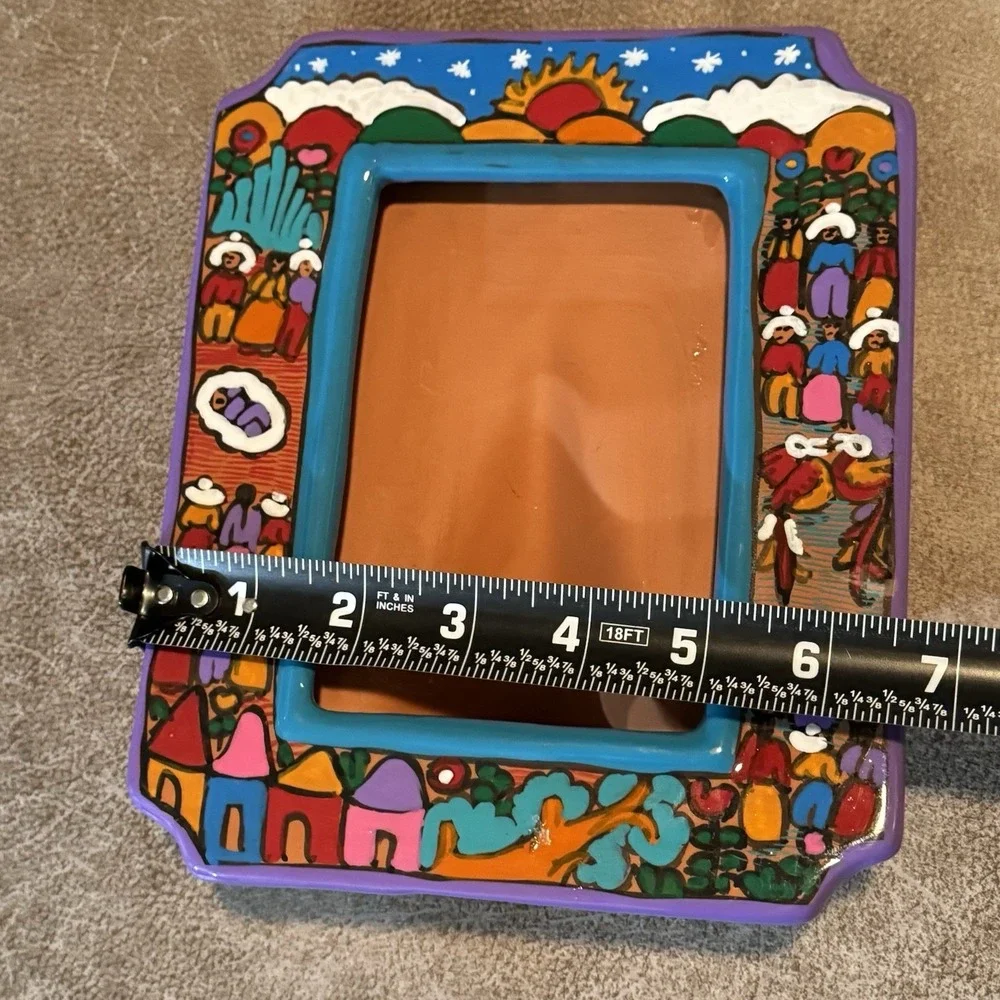 Mexican Folk Art Terracotta Picture Frame Village Scene Sun Barro